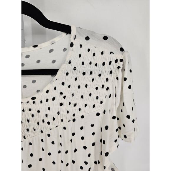 Maurices Womens Sz L Short Sleeve Smocked Blouse Black White Polka Dot - Picture 2 of 4